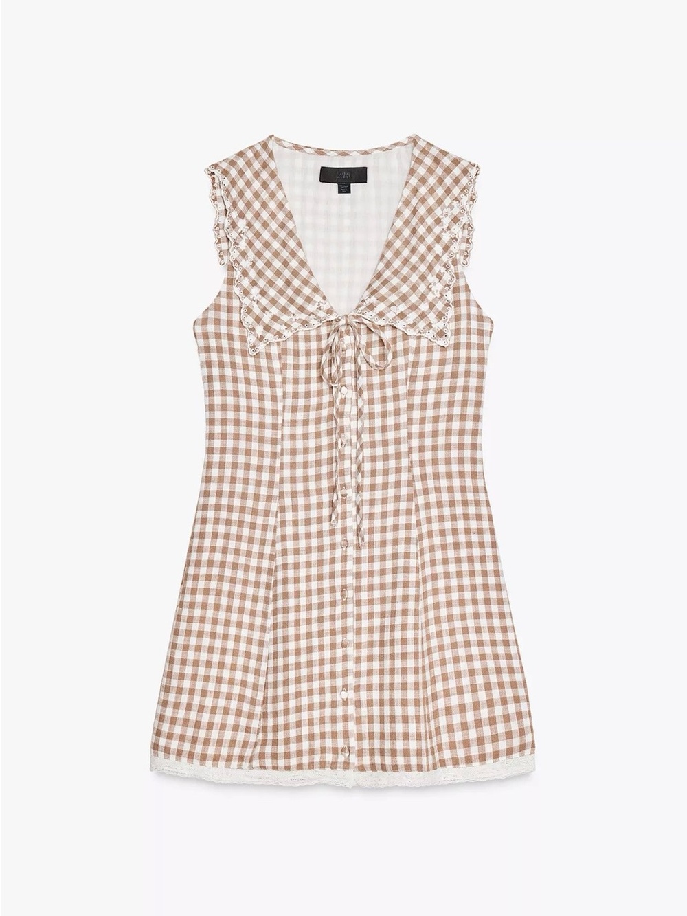 Zara Beige and White Gingham Tie-Front Mini Dress